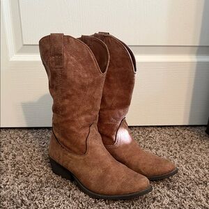 Distressed Fabric Brown Western-Style Women's Boots